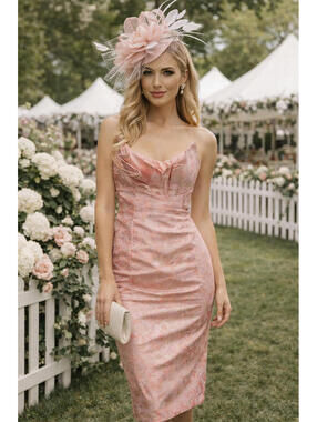 VICI x Fate Exclusive Pink Jacquard Strapless Midi Dress Large NWT Structured Bu